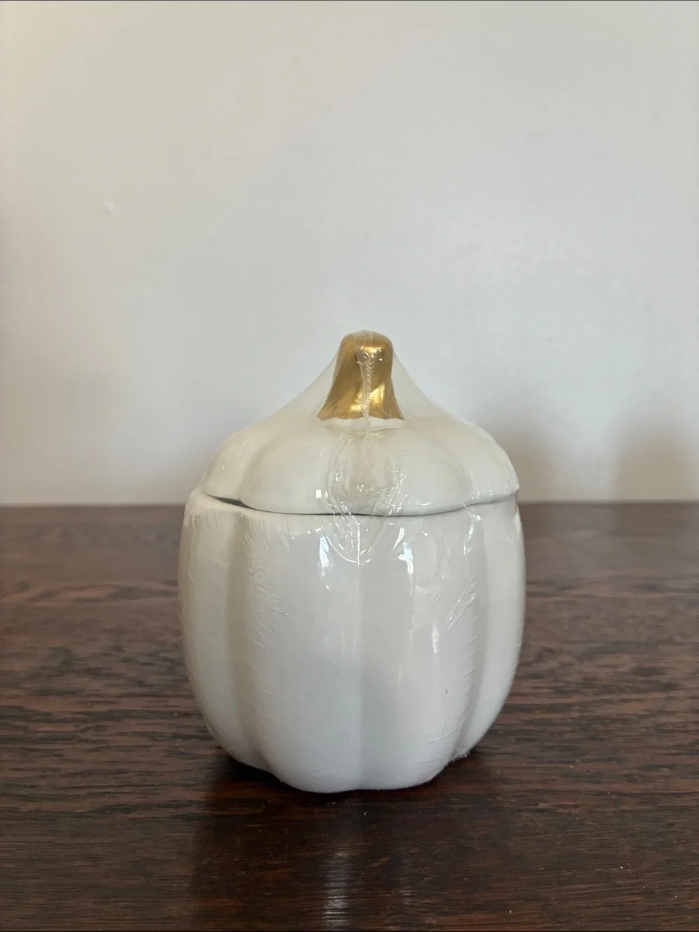 NWT- Set of 3- White Ceramic Pumpkin Jars with Lid & Gold Stems